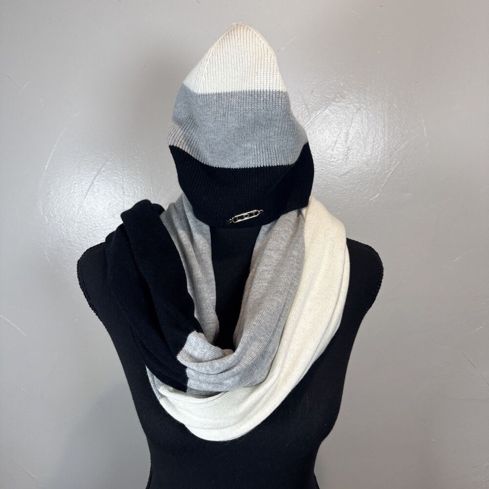 LDT Cap and Scarf Cashmere Blend Cream Black Gray Stripe